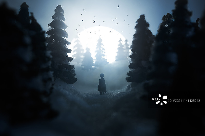 森林中迷路的小孩图片素材