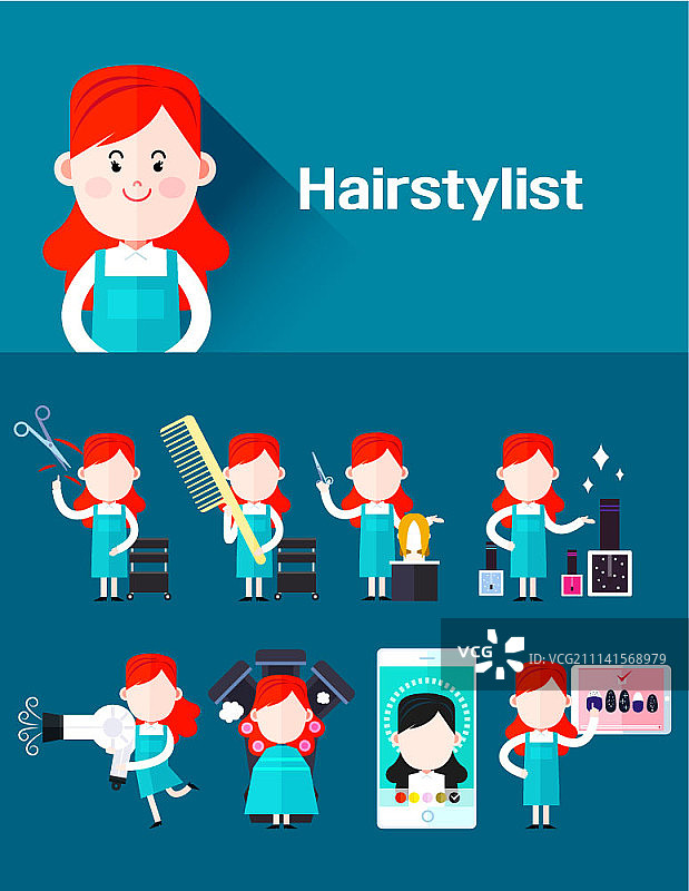 发型师，一套扁平风格的人物图片素材