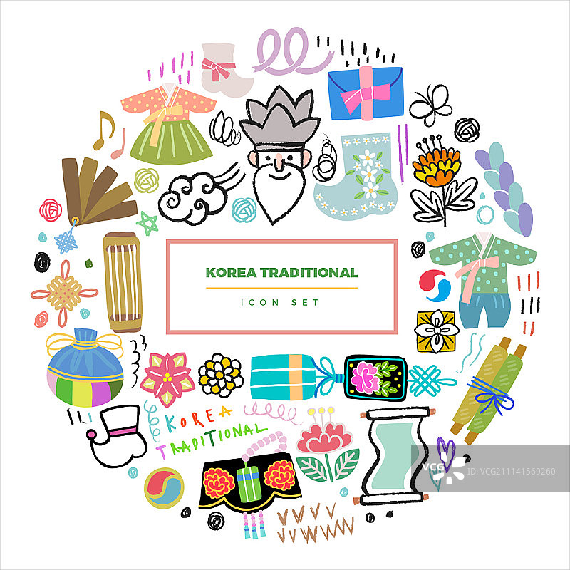 手绘韩国传统符号圆形图标图片素材
