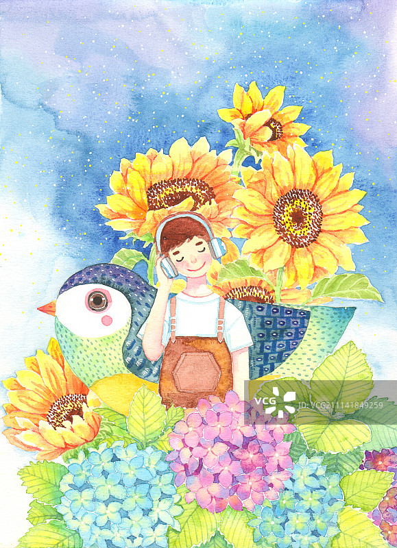 唯美青春水彩画系列-绣球花听音乐的男孩图片素材