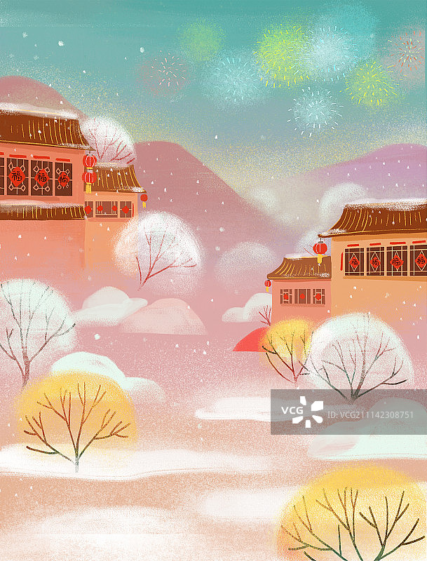 雪中看烟火图片素材