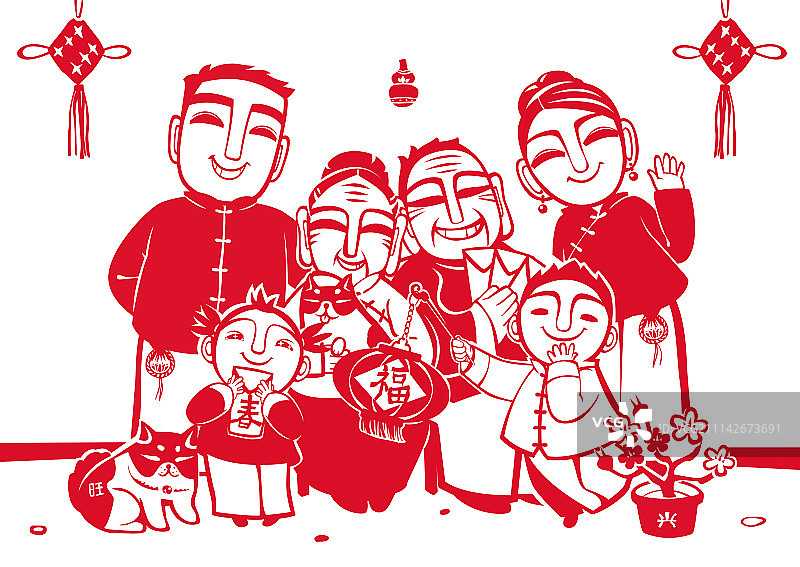 剪纸一家六口全家福图片素材