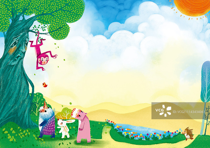 童趣边框插画系列[500幅]-倒挂树上的猴子图片素材