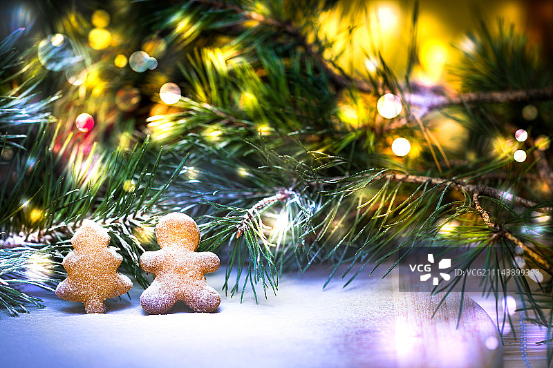 姜饼和云杉树枝，覆盖着雪的卡提卡，圣诞节图片素材
