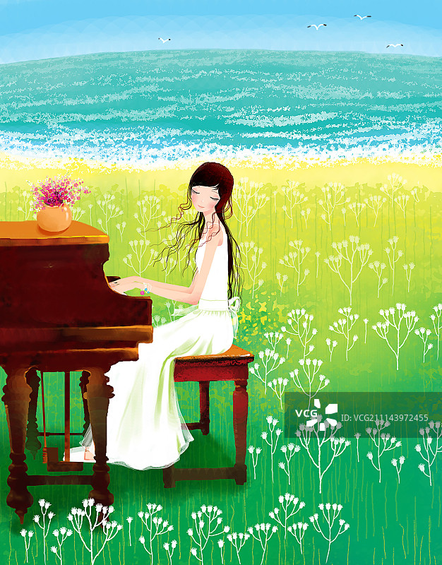 唯美插画系列[1000幅]-海边弹钢琴图片素材