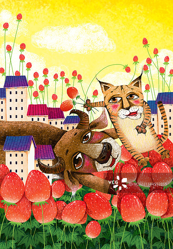 动物插画系列作品-山猫和野牛图片素材