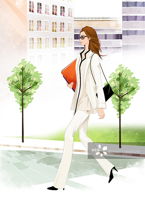 戴着太阳镜，身穿白色西装走在街上的女商人图片素材