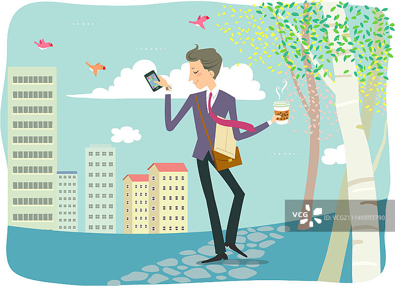 拿着智能手机和咖啡的商人图片素材