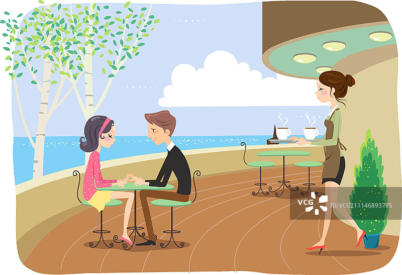 男人和女人坐在阳台的桌旁，服务员正在上咖啡图片素材