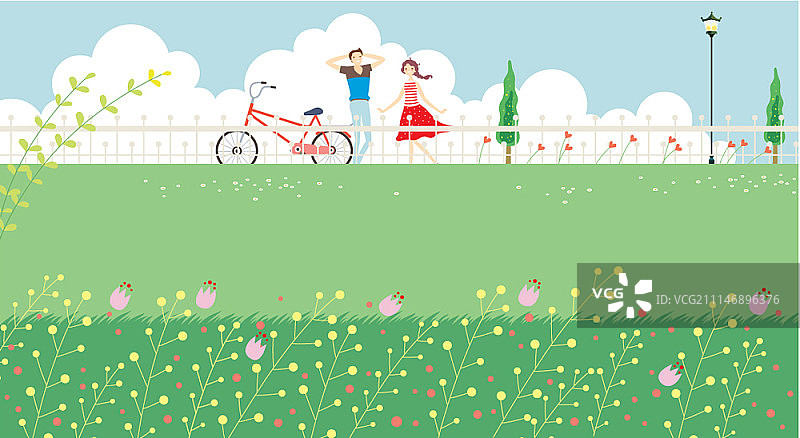 男人和女人在花田中观赏图片素材