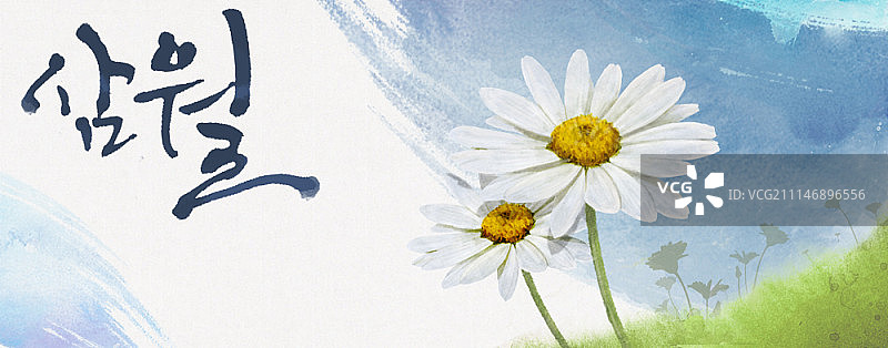 鲜花与韩语书法插画图片素材