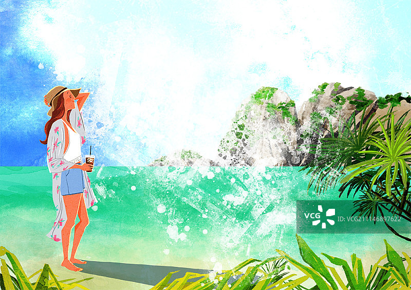 海滩上的女人与冰咖啡插画图片素材
