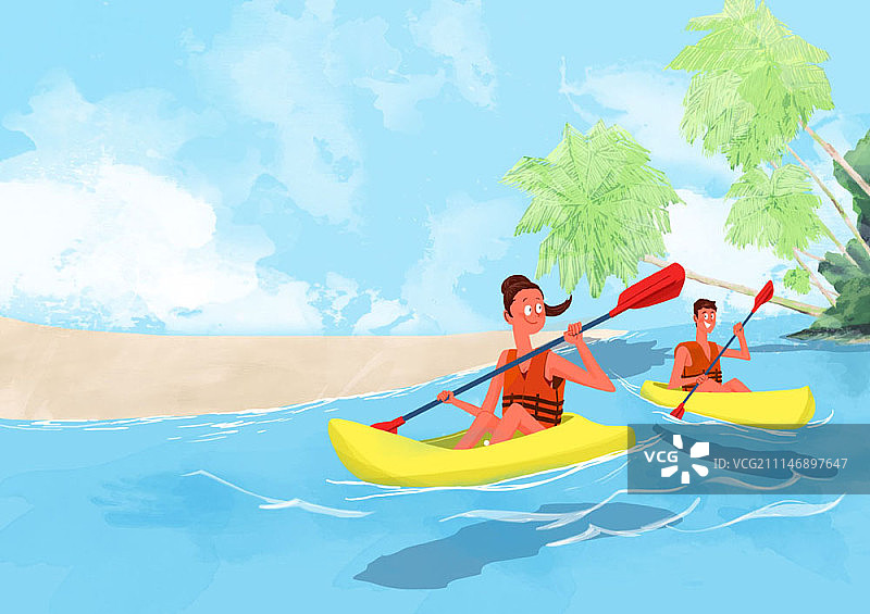 情侣划皮划艇插画图片素材