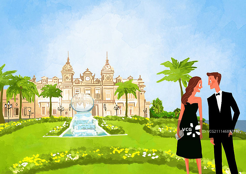 穿着西装和连衣裙的情侣插图图片素材
