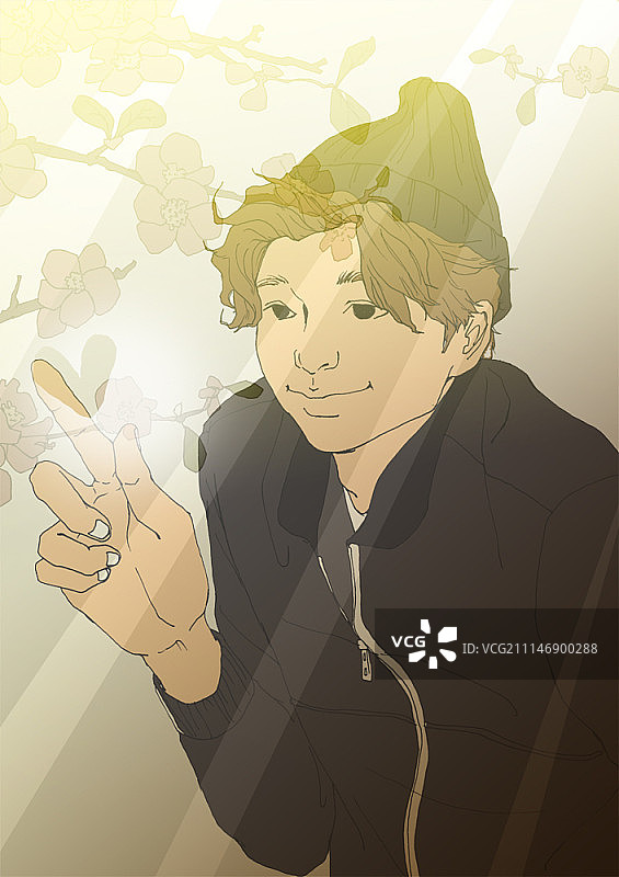 男人戴着无檐小便帽向窗外看图片素材