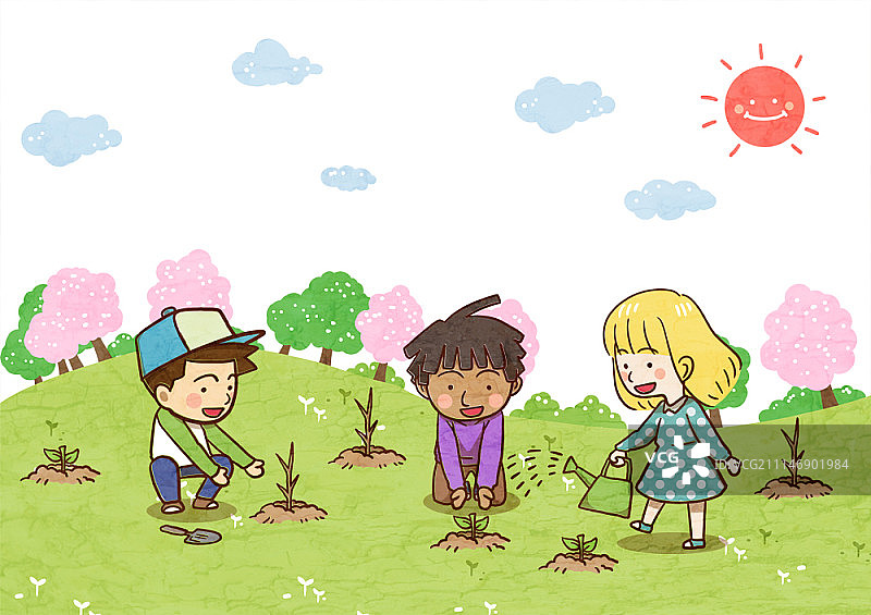 多国儿童植树图片素材