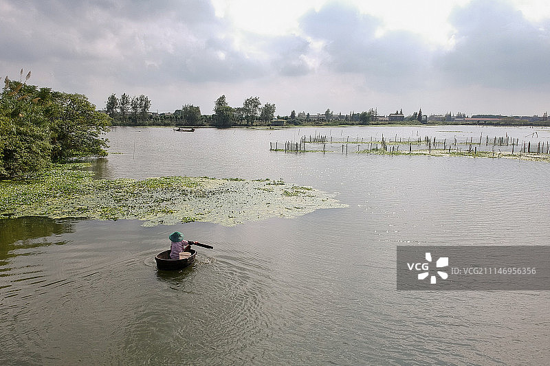 航拍采菱过程图片素材