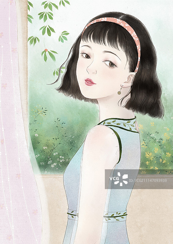 国风国民风格少女清新肌理插画图片素材