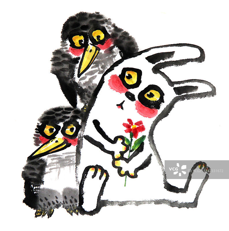 中国画水墨动物系列第一季共1000幅-小白兔和鸟图片素材