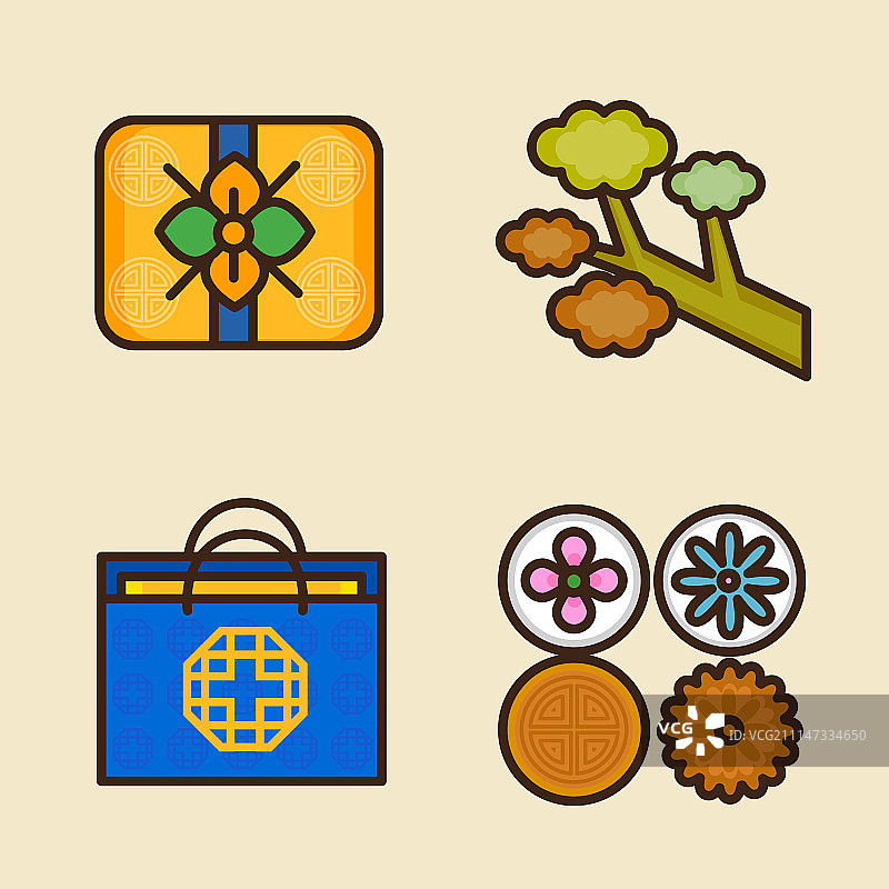 矢量扁平图标集：蜜蜂、花朵、礼品套装、传统食物图片素材