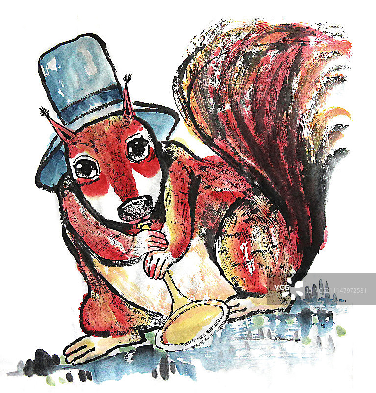 中国画水墨动物系列第一季共1000幅-松鼠吹唢呐图片素材