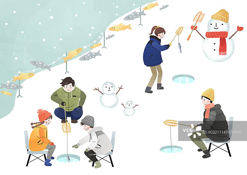 冬季乐趣：与家人朋友共享冬季活动的插画图片素材