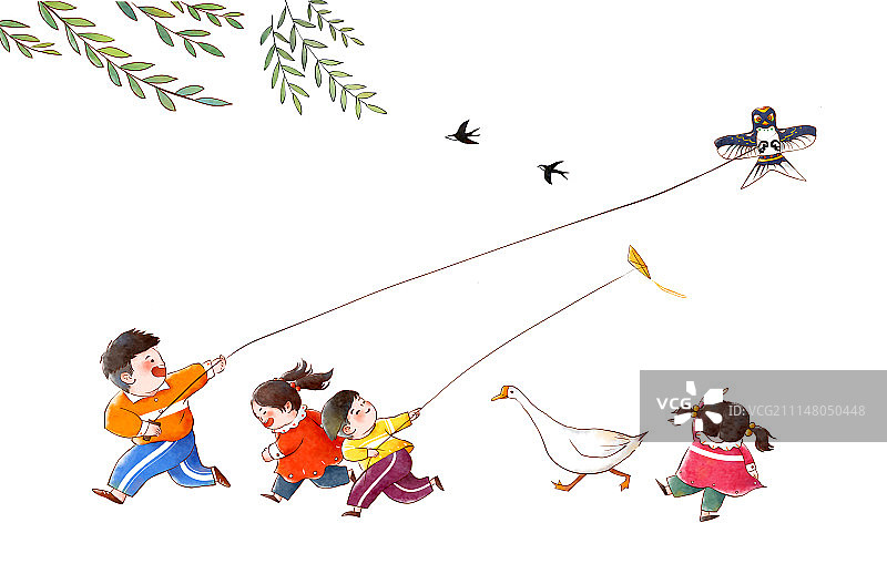 小伙伴一起放风筝图片素材