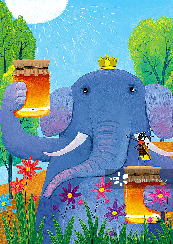 动物插画系列作品共3000幅-大象检查蜂蜜图片素材
