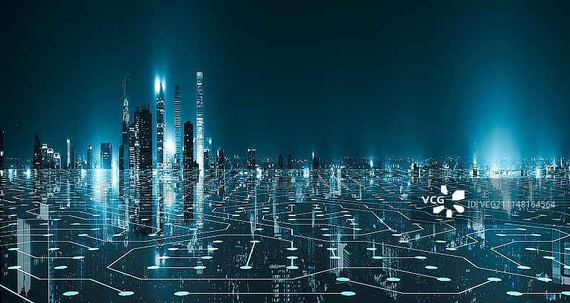 未来感摩天大楼光效果和科技感地面图片素材