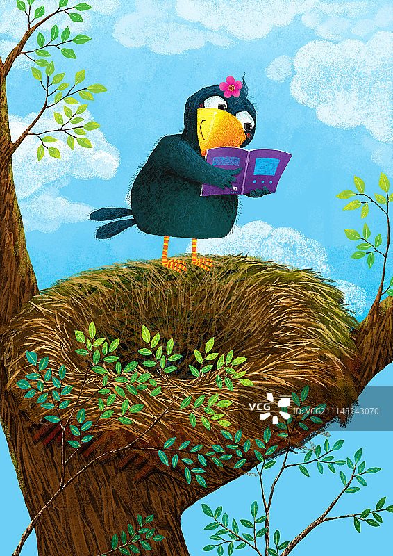 动物插画系列作品共3000幅-在家里看书的鸟图片素材