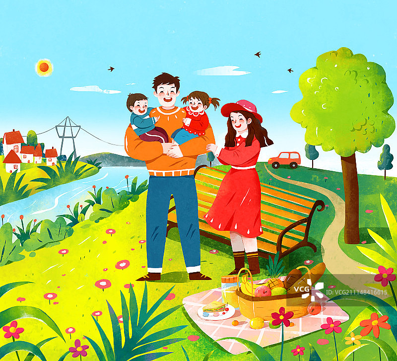 横版全家出游图片素材