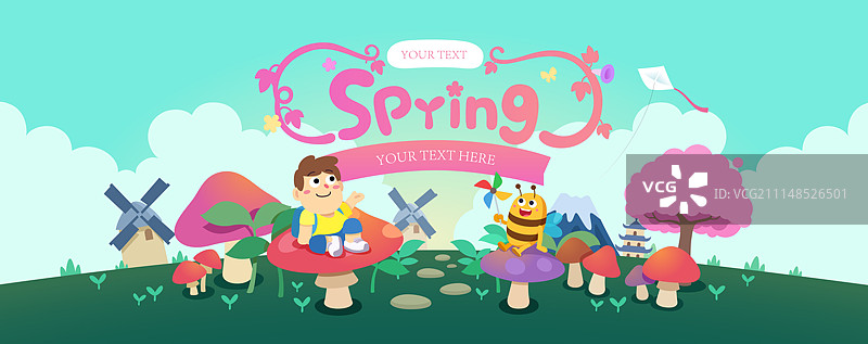小蜜蜂和小男孩的春天图片素材