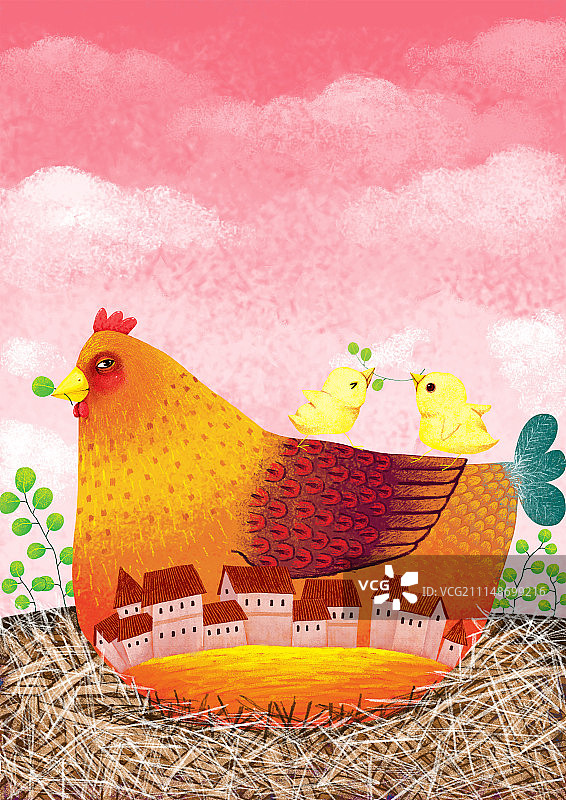 动物插画系列作品共3000幅-母鸡和小鸡图片素材