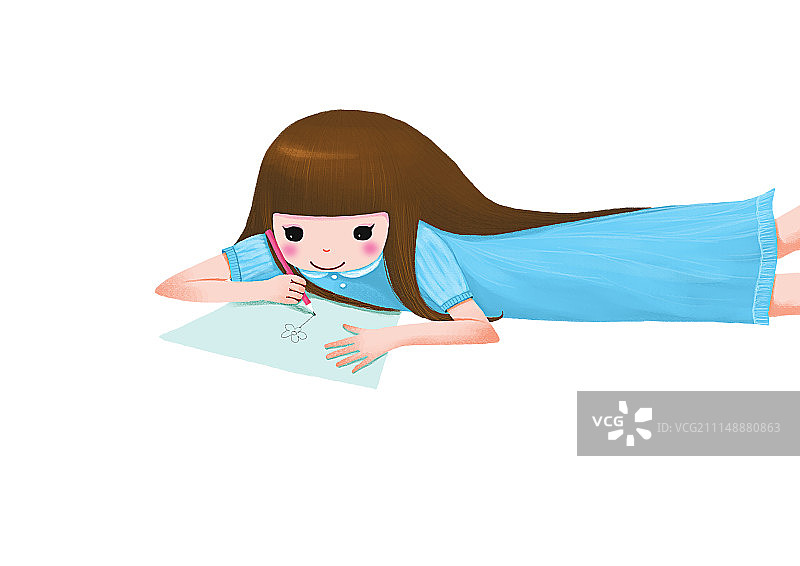 背景分离人物系列组图共3000多幅-爬在草地上画画的女孩图片素材