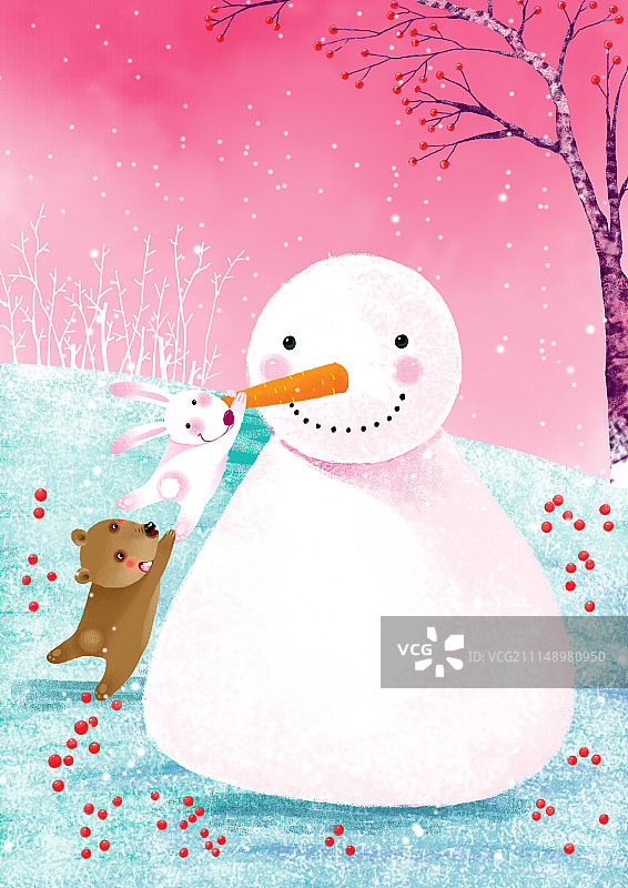 动物插画系列作品共3000幅-与雪人玩耍图片素材