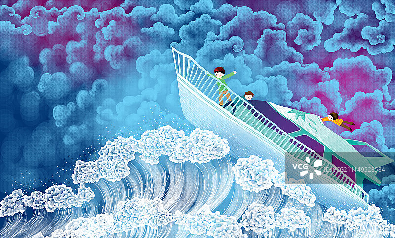 绘本插画组图3000幅-海浪中的轮船图片素材