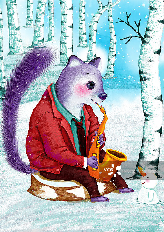 动物插画系列作品共3000幅-紫貂萨克斯独奏图片素材