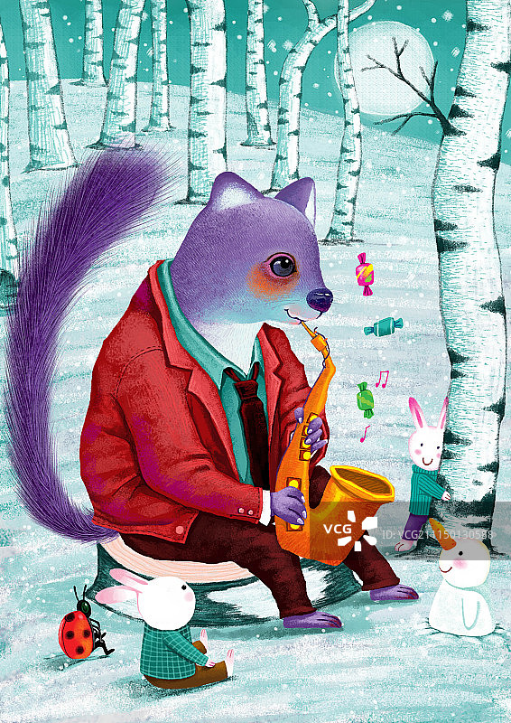 动物插画系列作品共3000幅-吹给动物们表演萨克斯的紫貂图片素材