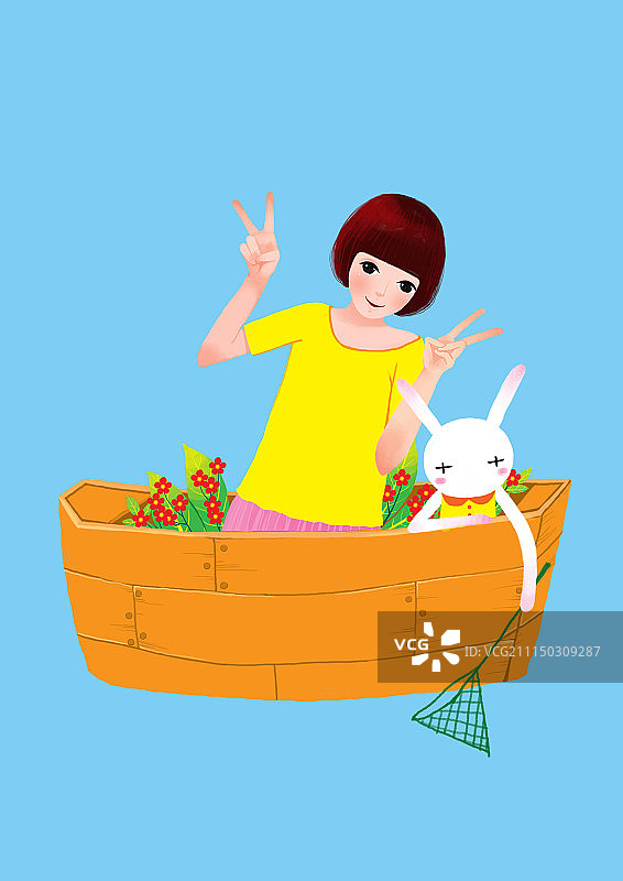 背景分离人物系列组图共3000多幅-坐在木船上的女孩图片素材