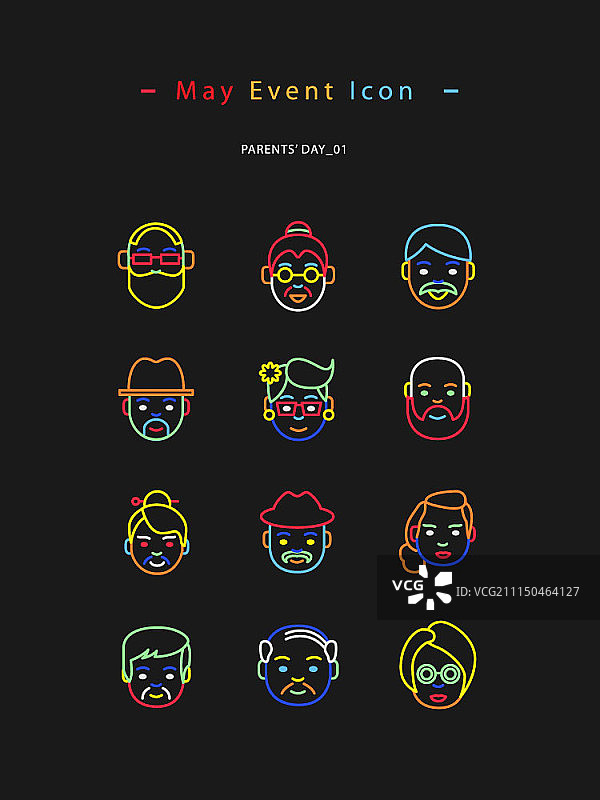 霓虹色彩线条图标集，父母节主题图片素材