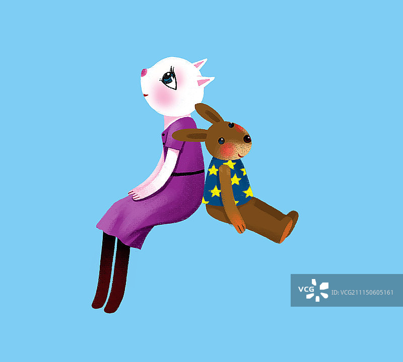 背景分离动物系列组图共3000多幅-猫女孩和小兔背靠背图片素材