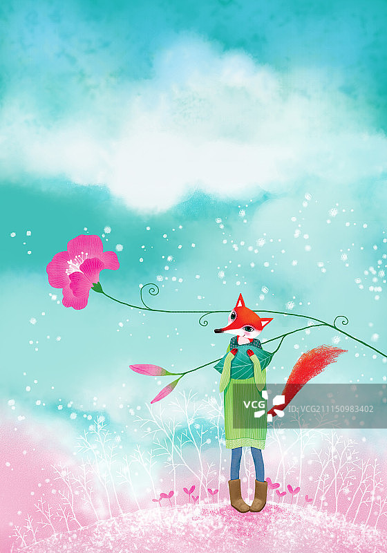 动物插画系列作品共3000幅-抱着树叶的狐狸小姐图片素材