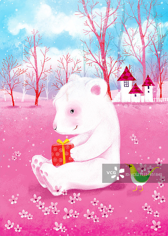 动物插画系列作品共3000幅-抱着礼盒的白熊图片素材