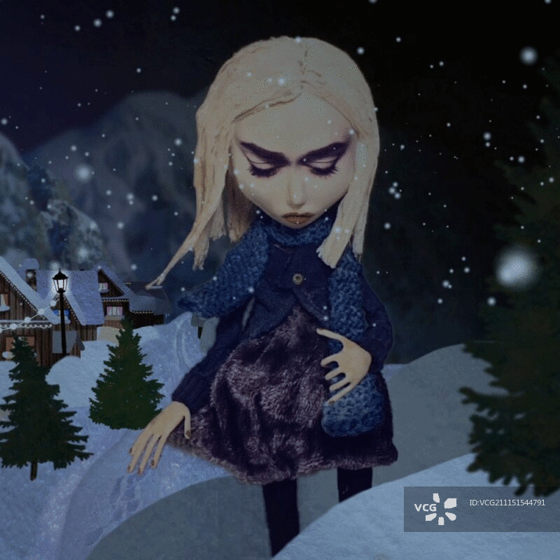 雪夜中裙发飘扬的女人偶定格动画效果图片素材