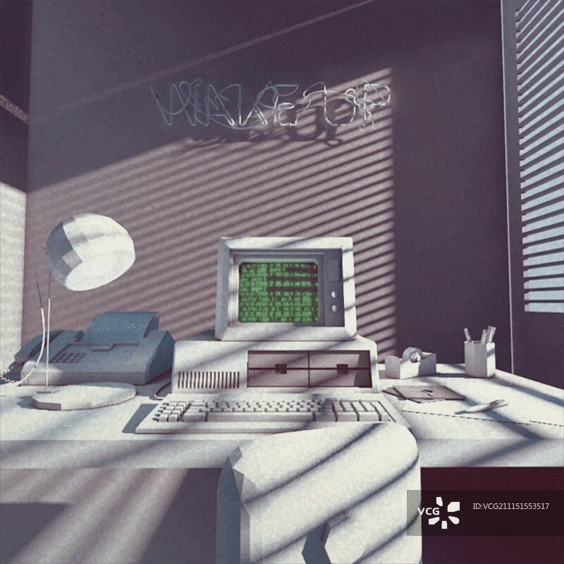 家庭办公室内的昼夜交替延时摄影，桌子上有老式电脑和霓虹灯标志“醒来”图片素材