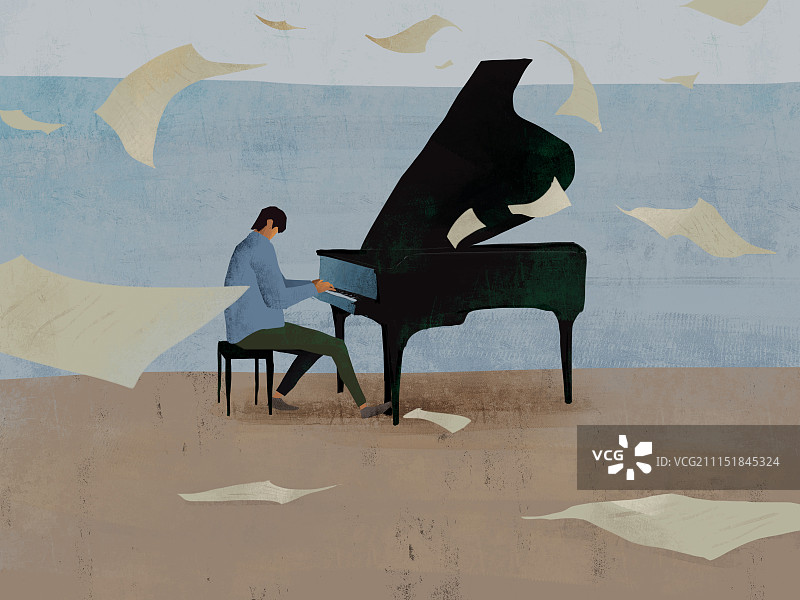 海边弹琴图片素材