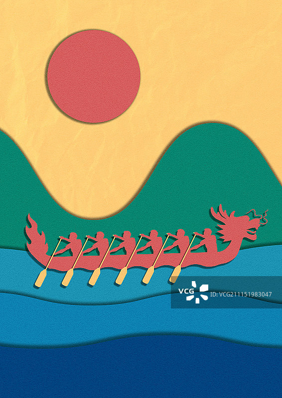 端午节赛龙舟剪纸插图图片素材