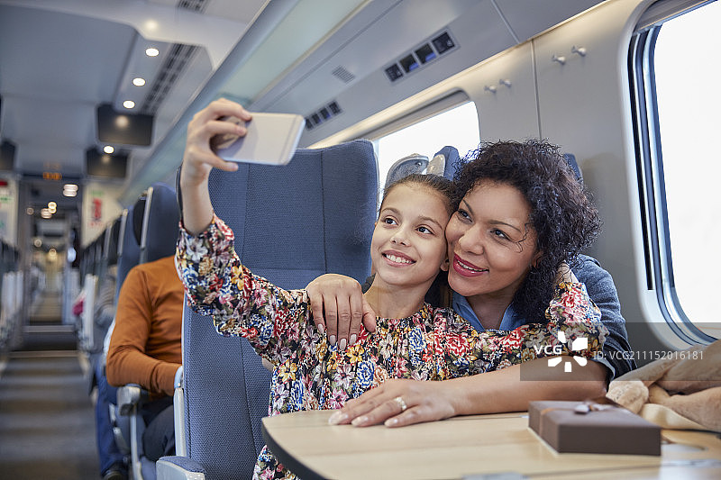 温馨的母女在旅客列车上用照相手机自拍图片素材