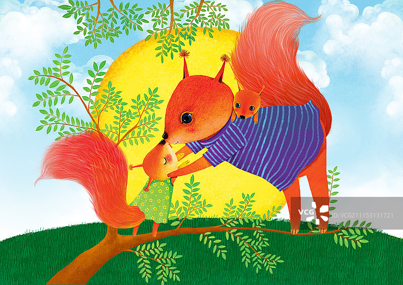 动物插画系列作品共3000幅-抱和背着小松鼠图片素材