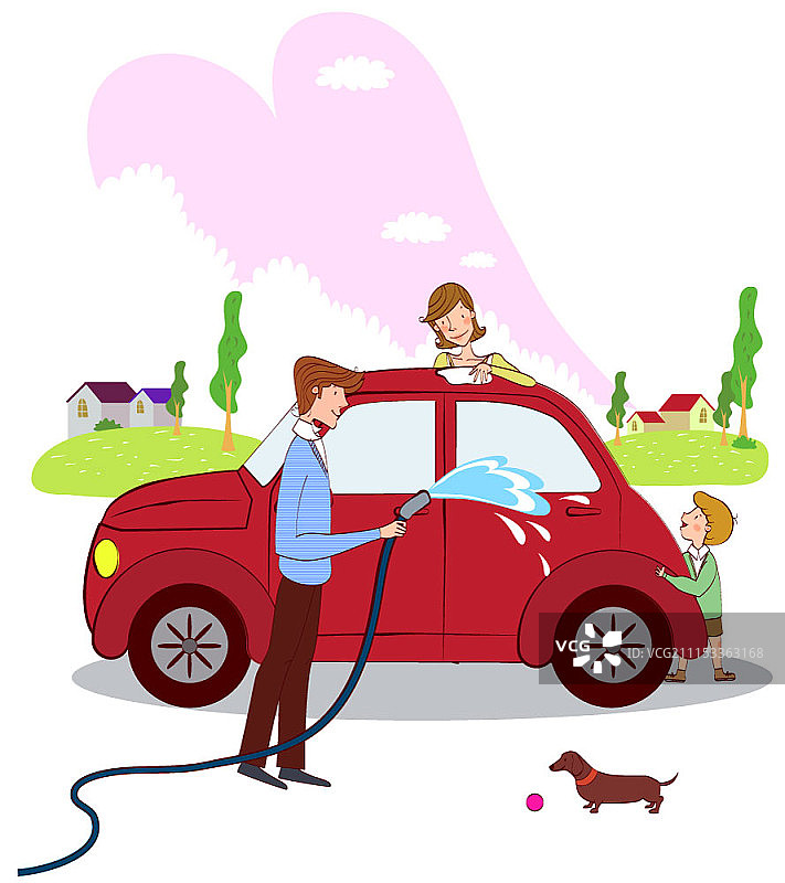 年轻家庭在洗车图片素材